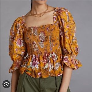 Anthropologie conditions apply puff sleeve smocked floral top